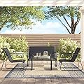 Barton 4 Pieces Lounger Chair Set w/Glass Table Black Outdoor Patio Furniture Wicker Rattan Modern Conversation Chat Seating