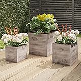 Pure Garden 3-Piece Square Planter Set - Rustic Wood-Look Fiber Clay Pots with Drainage Holes for Herbs, Plants, and Flowers (Light Gray)