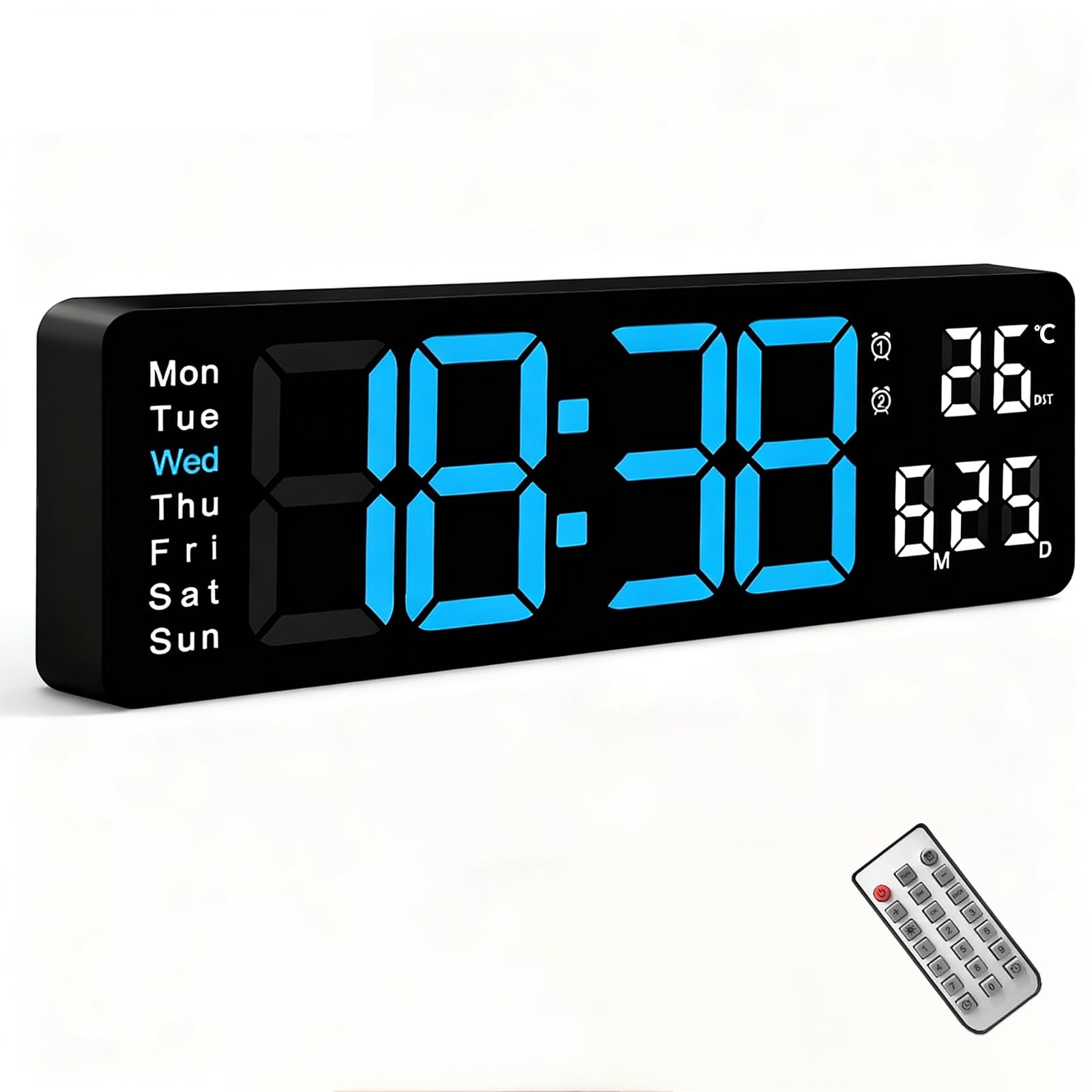 CherishMood 13" Large LED Digital Wall Clock, Remote Control, 10-Level Adjustable Brightness, Countdown Timer, Dual Alarm, Auto Dimming & DST, Date Week Temp – Plug-in for Home Office Gym
