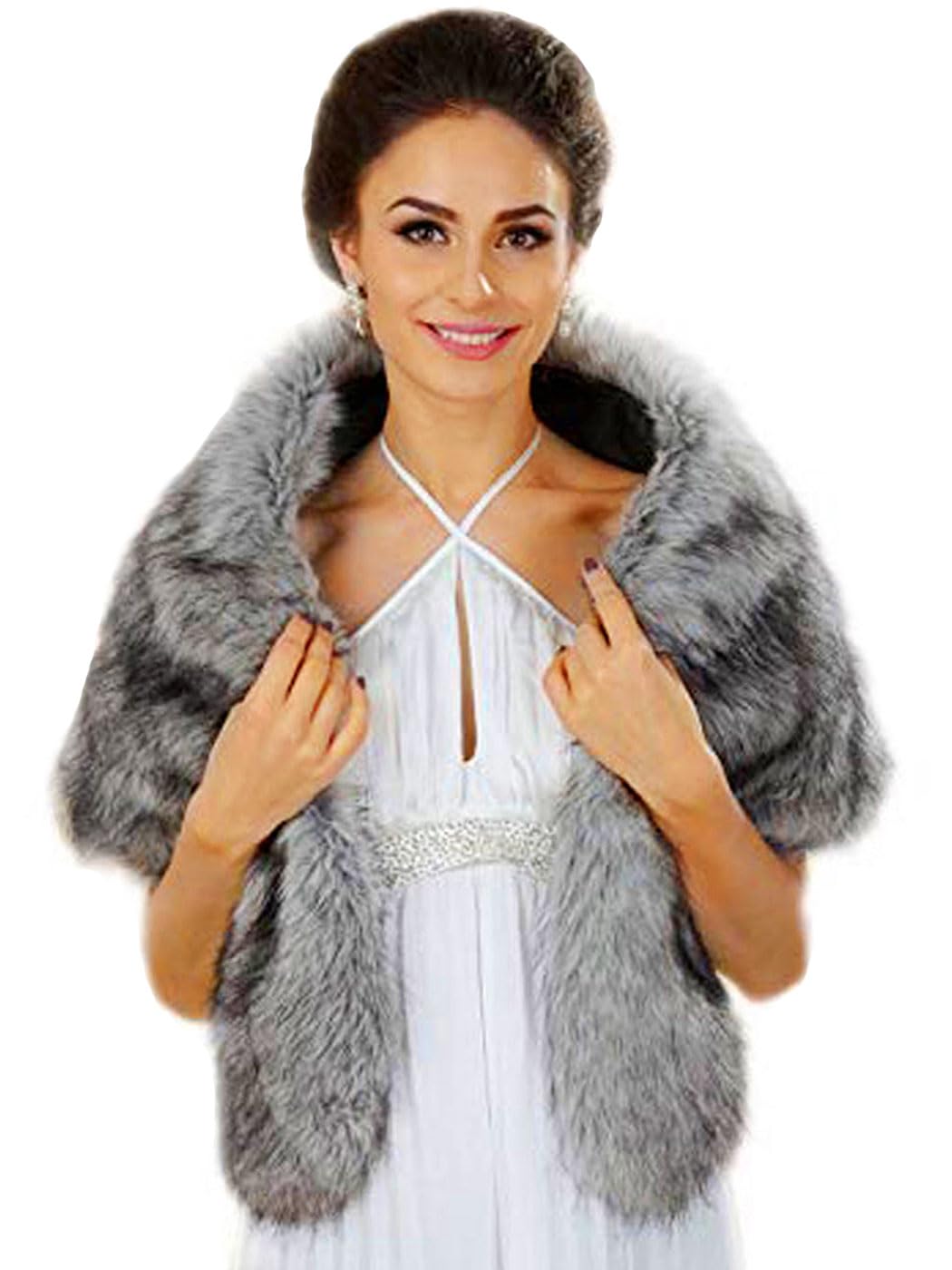Aukmla Women's Wedding Fur Wraps and Shawls Bridal Fur Stoles Scarf with Rhinestones Brooch for Bride and Bridesmaids