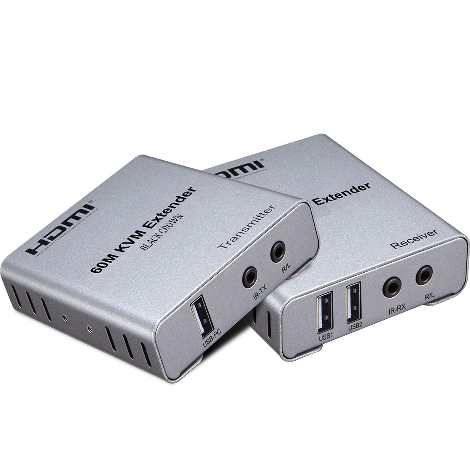 black crown hdmi kvm usb extender over cat5e/6 1080p transmits up to 196ft/60m, with 2 usb ports supports mouse and keyboard remote control, both ends feature audio extractor function.
