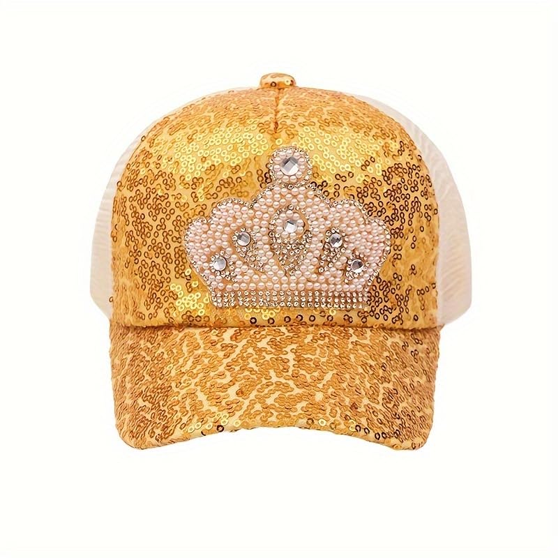 Sparkling Princess Hat Crown Sequin Mesh Baseball Cap Breathable and Adjustable Summer Sun Hat for Outdoor Play and Sun Protection Yellow