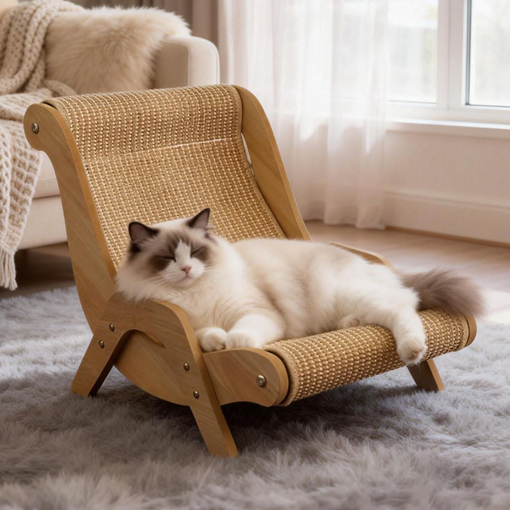 Cat Scratcher Chair - Solid Wood & Sisal Pad Cat Scratcher, Arc Design Cat Lounge for Cats, 14.6"×20.3"×12.4" Scratching Furniture for Kittens & Adults