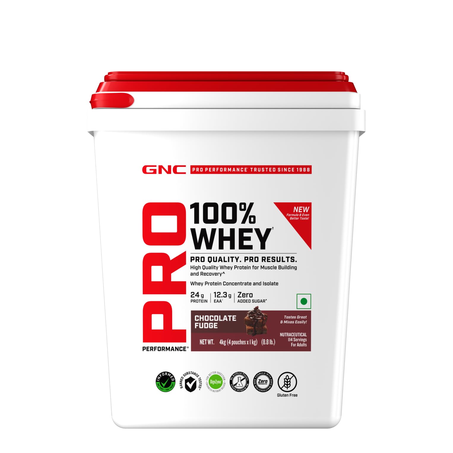 GNC Pro Performance 100% Whey Protein | New Formulation | 24g Protein, 5.7g BCAAs, 12.3g EAAs | Added DigeZyme® | Whey Isolate & Concentrate Blend, Low Carb (4.51g), No Added Sugar | Chocolate Fudge, 4kg — Amazon image 2