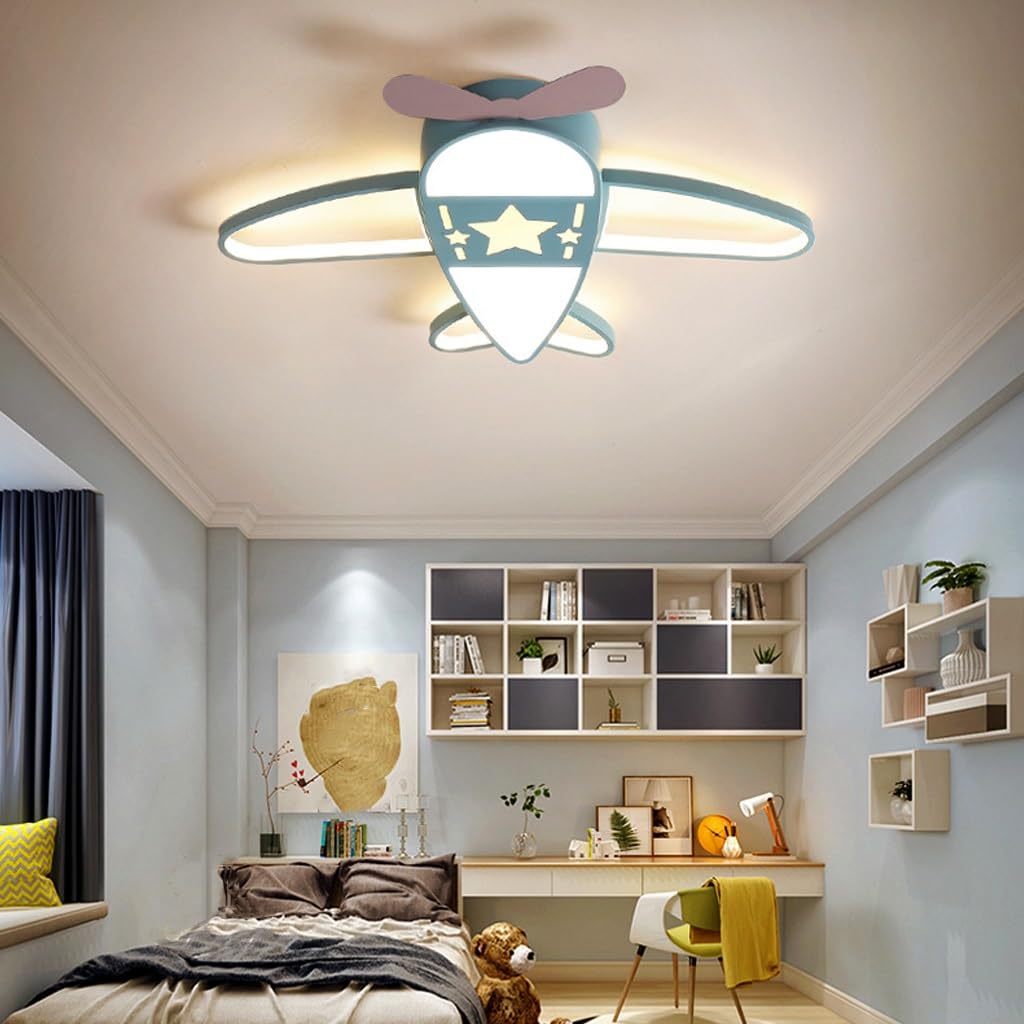 Lampadario Led Soffitto Camerette Bambini Plafoniera LED Aeroplano Dimmerabile Con Telecomando 40W 3000K-6500K Plafoniera Soffitto In Acrilico Lampada Vivaio, 59cm Azzurro Cielo