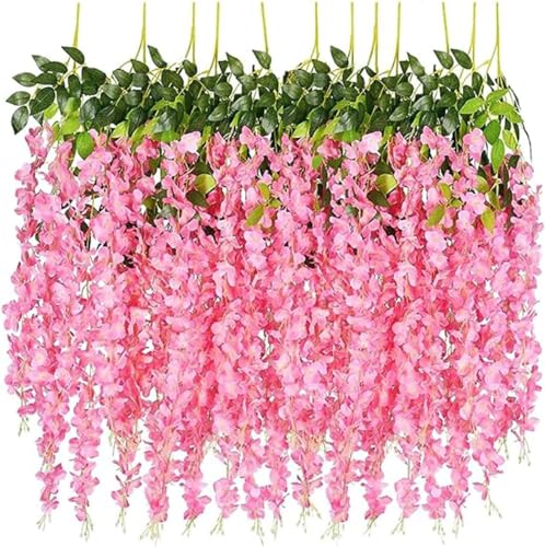 SZJH 12pcs 3.6 Feet/Piece Artificial Fake Wisteria Vine Ratta Hanging Garland Silk Flowers String Home Party Wedding Decor (Pink)