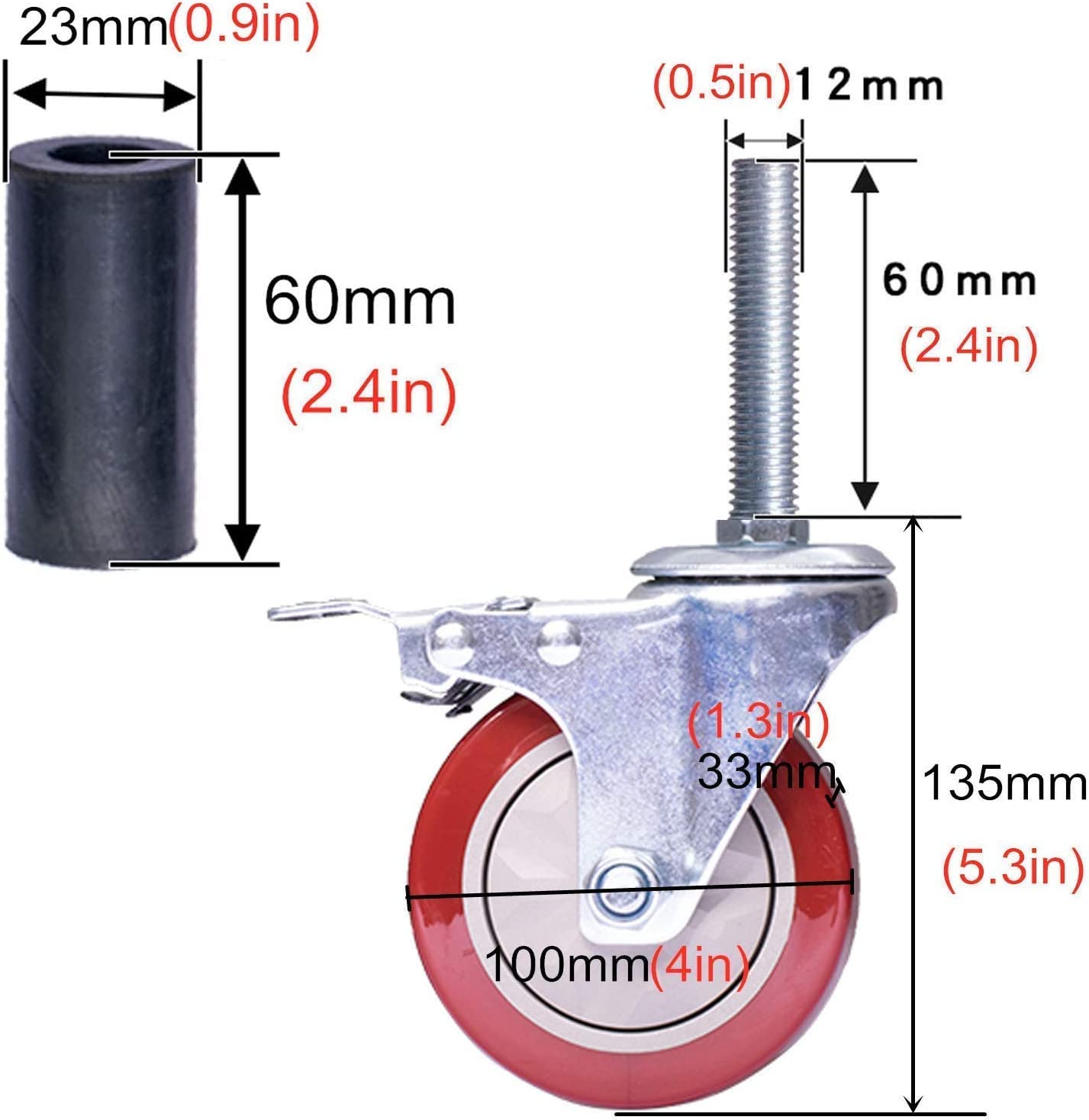 TEmkin Ruote girevoli Ruote girevoli con Tubo Tondo, Ruote con Stelo per carichi Pesanti Ruote con Freno (100 mm/4 Pollici 23 mm)