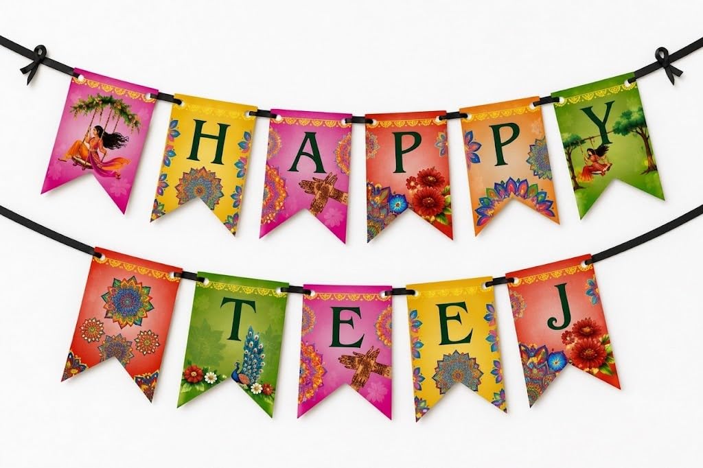 Happy Teej Bunting Banner, Multicolour Decorative Paper Flag (Banner Only) | Festive Wall Decor, String Hanging Style, Vibrant Colours, Teej Celebration-image-31