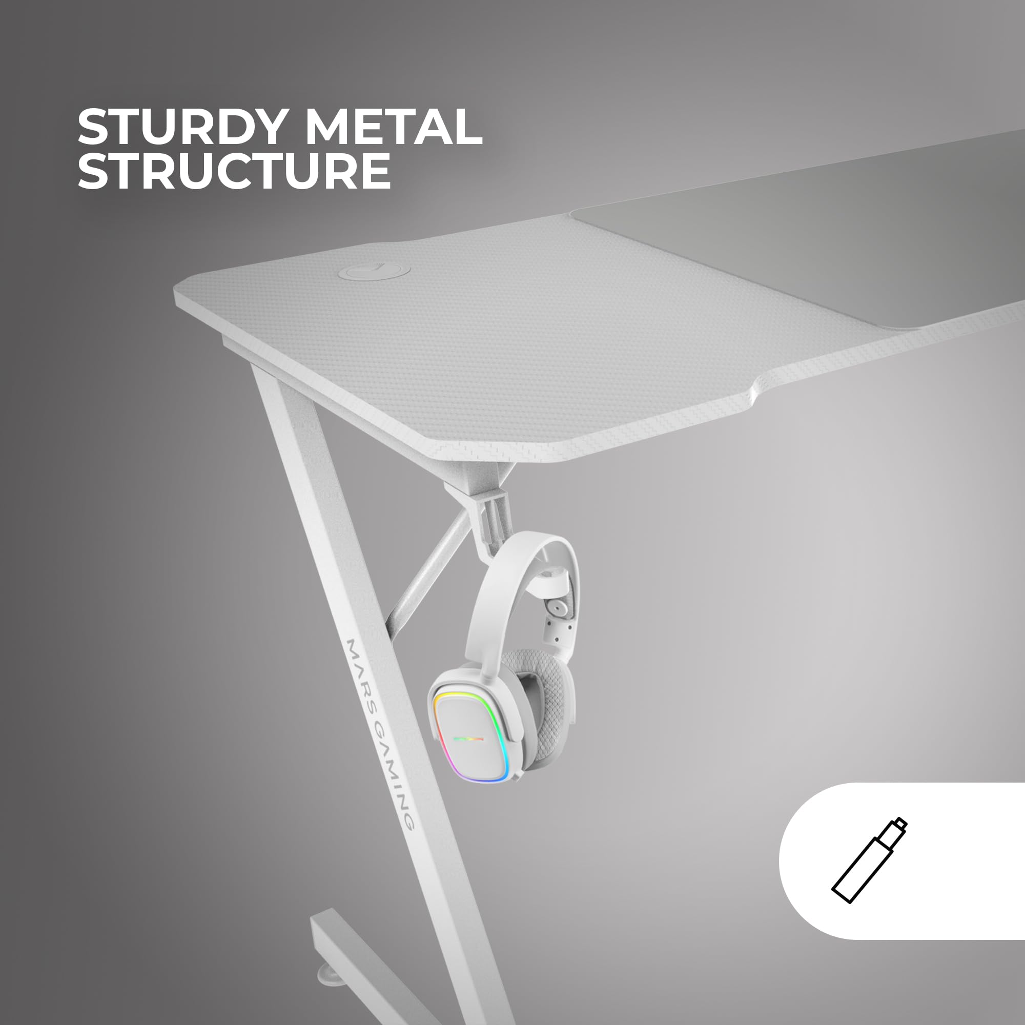 Mars Gaming MGD-X160, Bureau Gaming Ergonomique, Surface en Fibre de Carbone, Structure Métallique, Tapis de Souris XXL, Supports Casque et Boissons, Gestion des Câbles, Bureau Gaming 160x60cm, Blanc