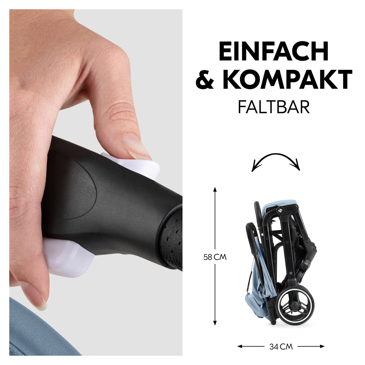 Hauck Travel N Care Dusty Blue Reisebuggy Einhändig Klappbar Leichter Buggy mit Tragegurt Kopfpolster Stretch-Stoff Liegeposition bis 22 kg UV-Schutz 50+ PU Räder