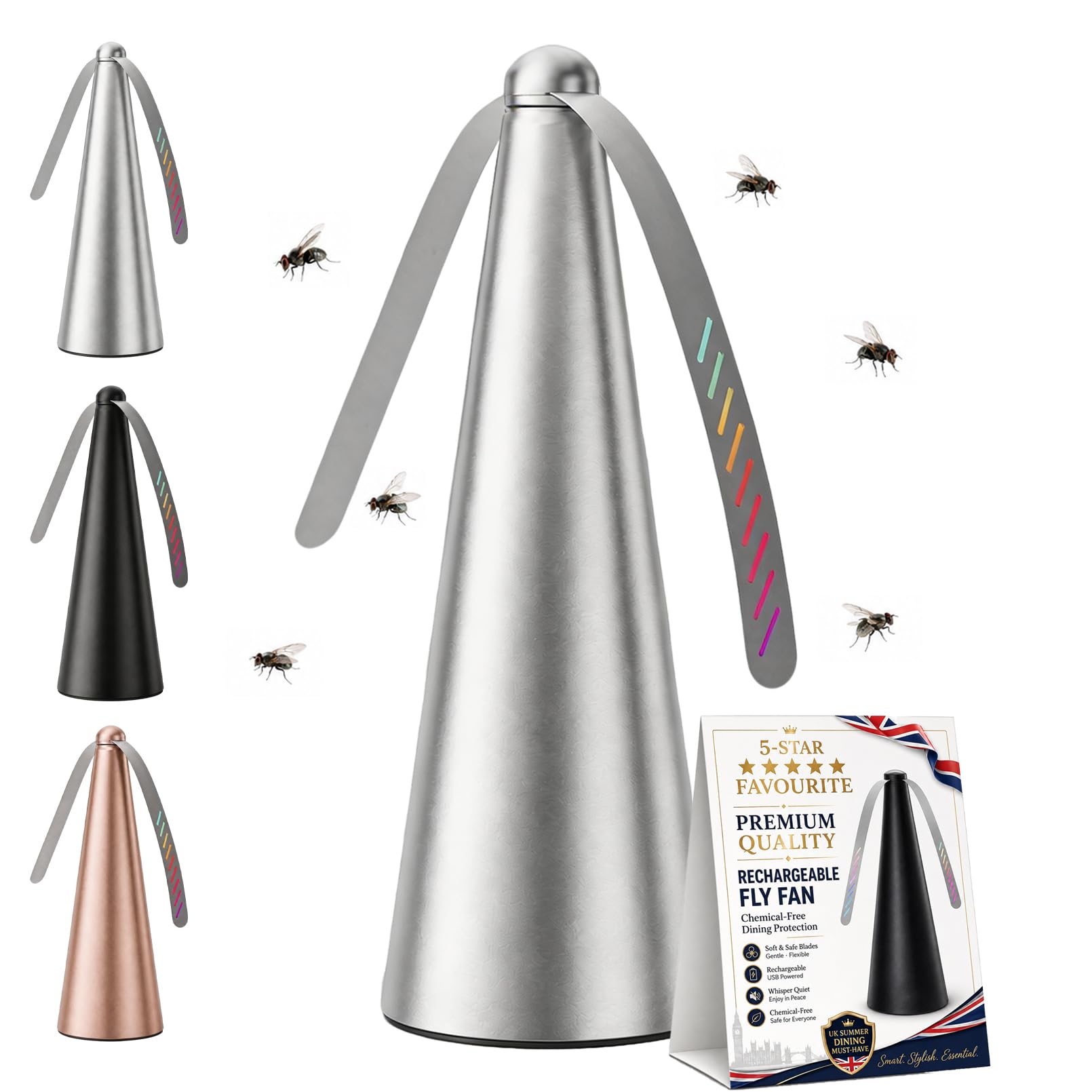 ZHENWO USB Rechargeable Fly Repellent Fan, Fly Deterrent for Table, Double Side Soft Holographic Blades, Portable Effective Fly Repellents Fan for Indoor & Outdoor Picnic, Party Use (Silver)