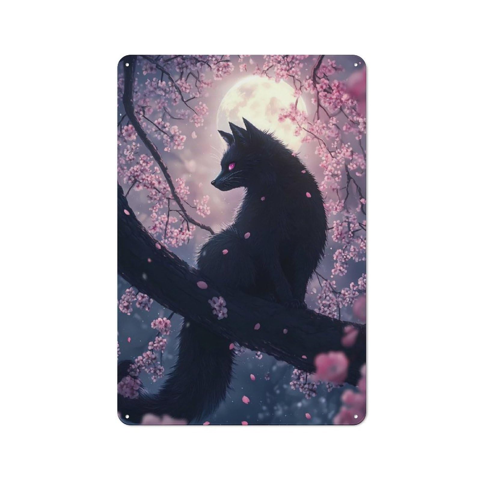 Junmoney Japanese Black Fox Kitsune Cat In Cherry Blos Soms Retro Metal Plaque 30X20cm For Living Room Or Hallway, For An Autumn Wall Display In Living Room And Hallway