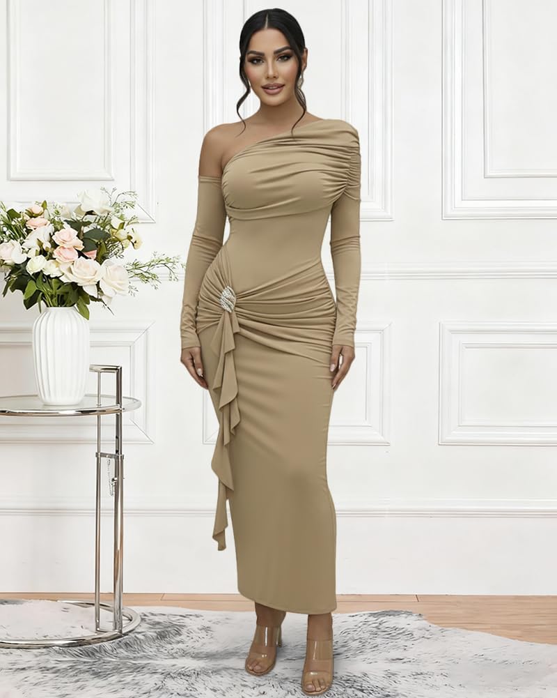 HWP Women's Sexy Ruched Bodycon Midi Dresses Asymmetrical Neck Long Sleeve Ruffle Club Cocktail Date Night Dress - Image 4