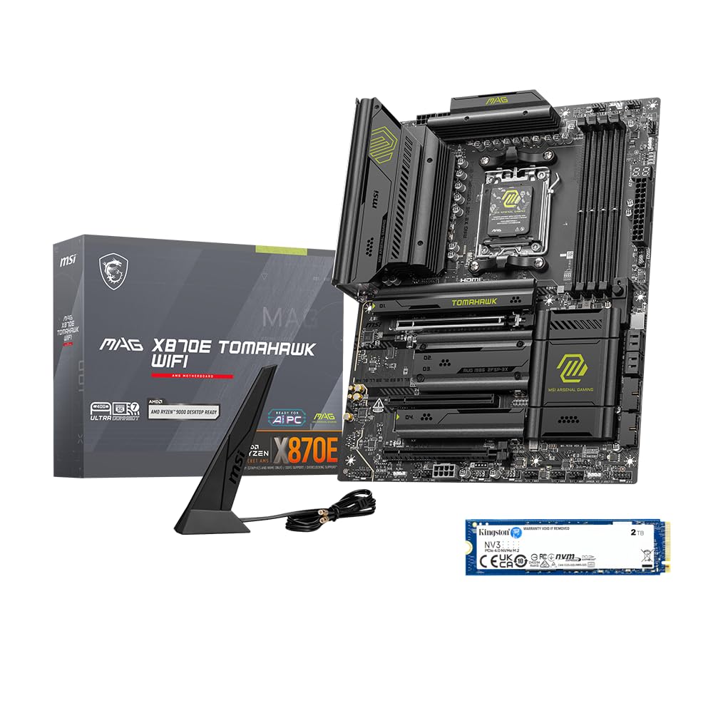 MSI MAG X870E Tomahawk WiFi Motherboard,ATX-Supports AMD Ryzen 9000/8000/7000 Processors,AM5,DDR5 Memory Boost 8400+ MT/s (OC),PCIe 5.0 x16,M.2 Gen5,Wi-Fi 7,5G LAN+Kingston NV3 2TB NVMe SSD Bundle