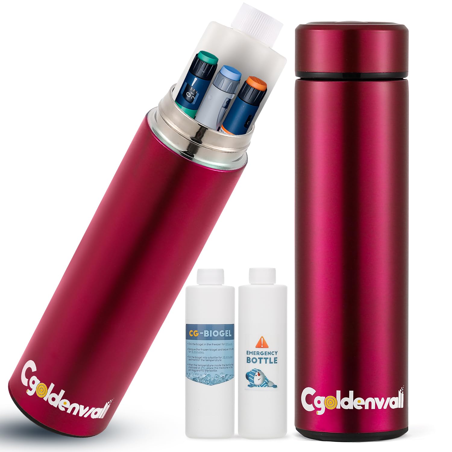 CGOLDENWALL Insulina 60H Nevera de viaje para 2-8°C Aislada Caja compacta portátil para medicación diabética aprobada por la TSA con 2 bolsas de hielo (granate)