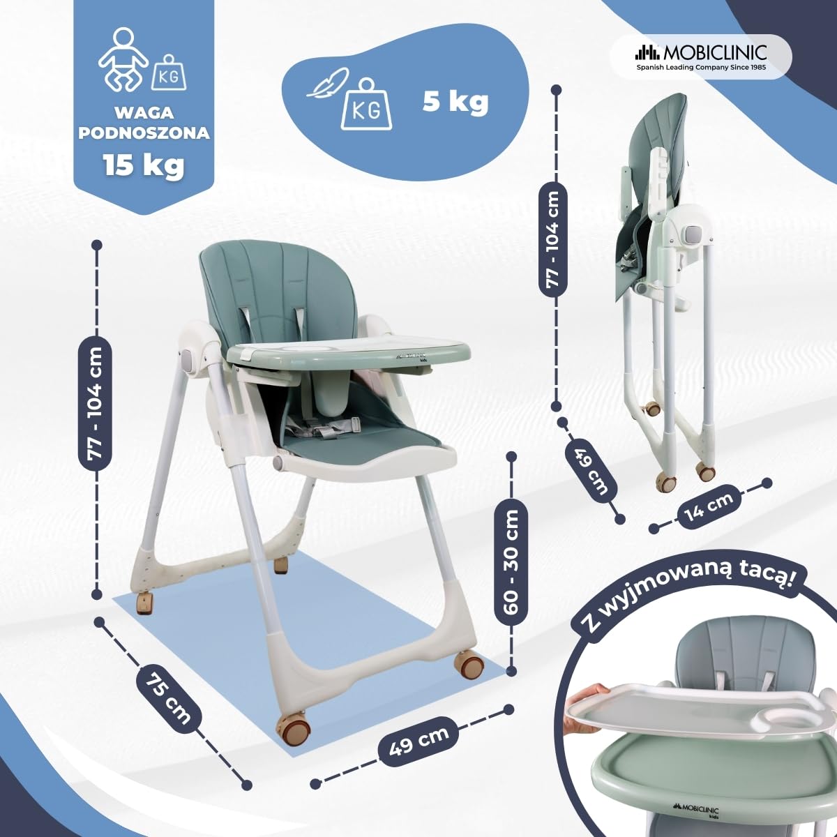 Mobiclinic®, Wysokie krzesełko dla dziecka, Evolutive, Dodatkowe składanie, Możliwość przekształcenia w wysokie krzesełko, Simba, 5-punktowe, Kółka z hamulcami, Podwójna wyjmowana tacka
