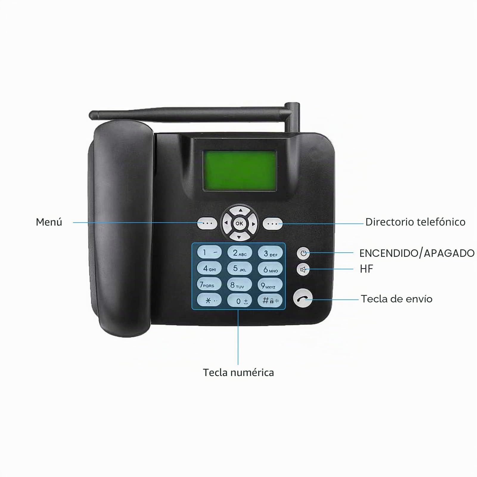 Teléfono inalámbrico Fijo Teléfono de Escritorio 4G Soporte gsm 850/900/1800/1900 MHz Tarjeta SIM Teléfono inalámbrico con Antena Radio Reloj Despertador Función SMS para la casa Centro de