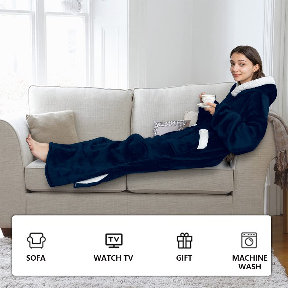 Emwwat Coperta extra lunga con cappuccio, oversize Sherpa con cappuccio per donne e uomini, coperta indossabile con maniche e tasca gigante