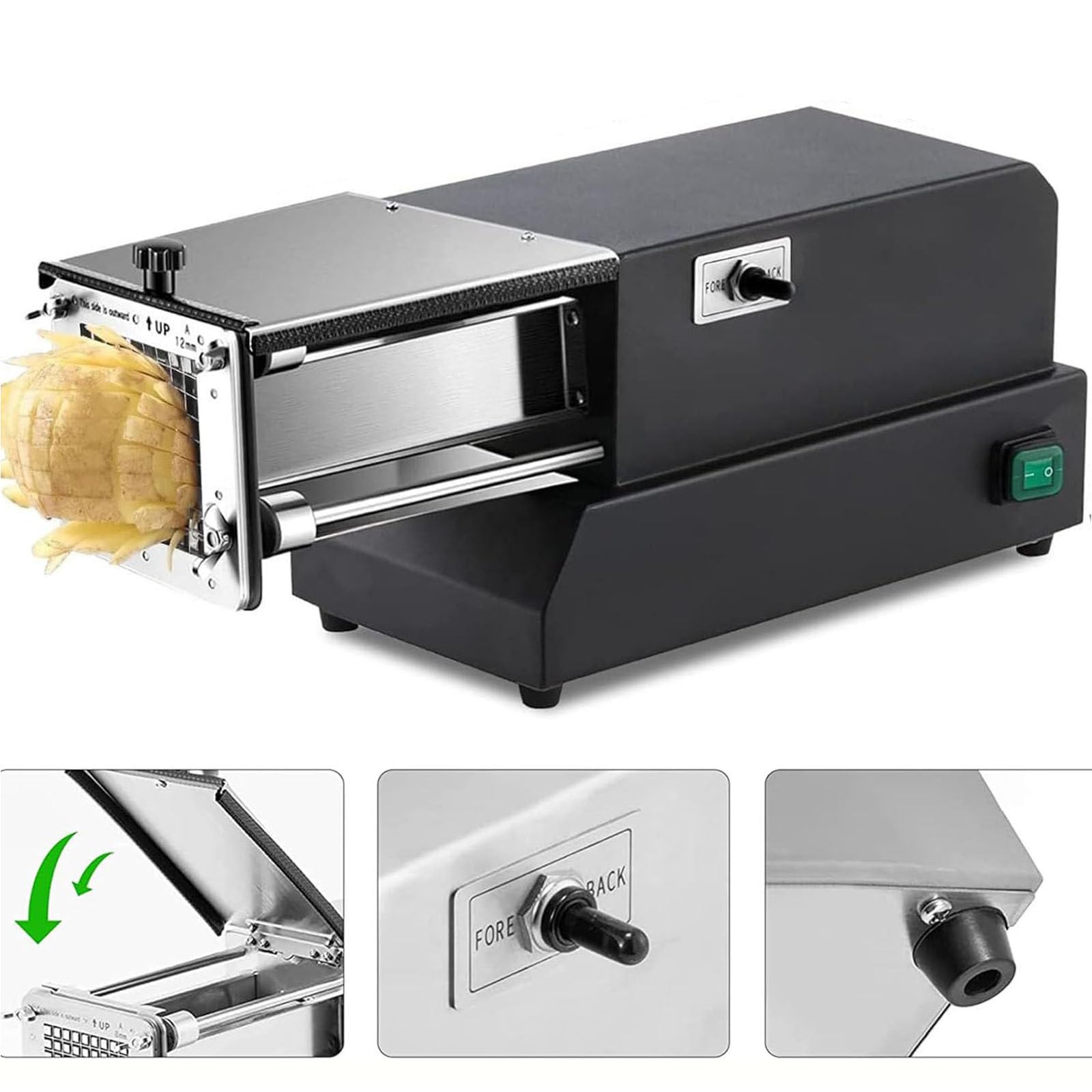 Kartoffelhacker, Pommesschneider mit Kartoffelschäler, Edelstahl-Kartoffelchips-Pommes-Frites-Schneider, professioneller Kartoffelhacker für Karotten, Gemüse und Obst,Black-10mm