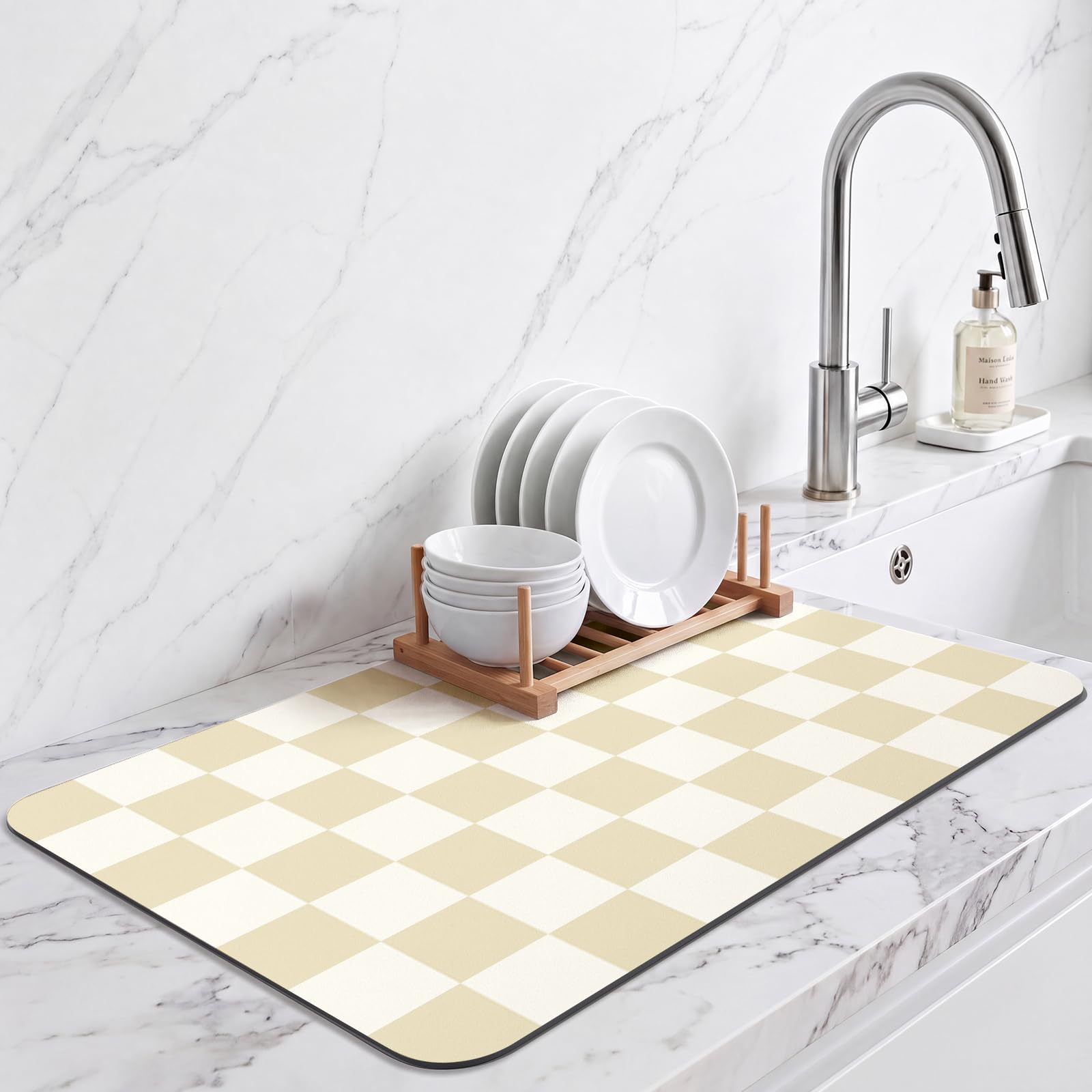 Checkered Draining Mat for Kitchen Countertops Coffee Bar Station, Aesthetic Modern Dish Drying Mat, Water Absorbent Drainer Mat for Drying Tableware (Beige, 43X80cm)