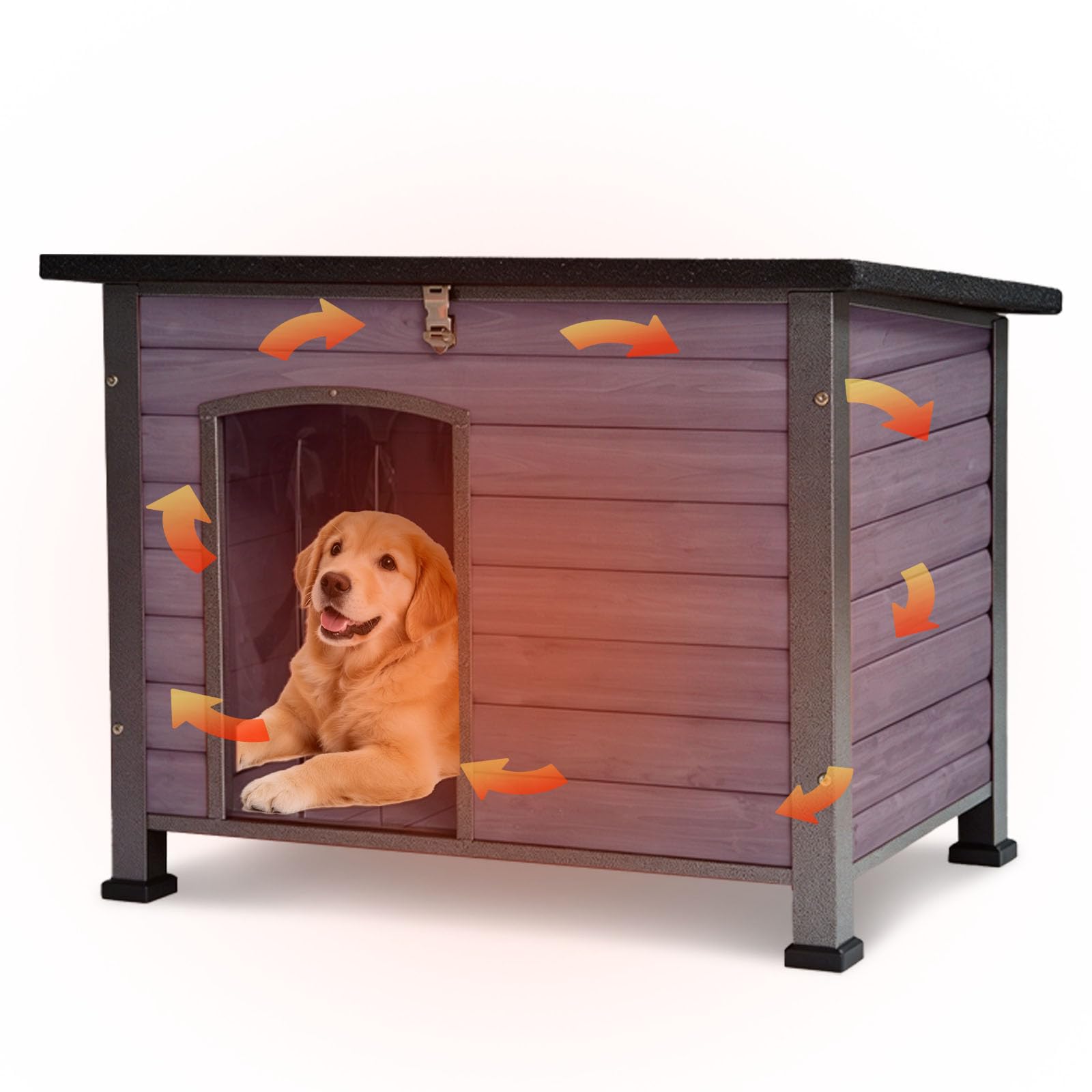 GUTINNEEN Large Outdoor Insulated Dog House Indestructible Dog Shelter Weatherproof Dog Kennel with Chew-Proof Metal Frame, Openable Roof for Small to Large Dog Breeds (Grey, 33.5"L x 22"W x 25.2"H)