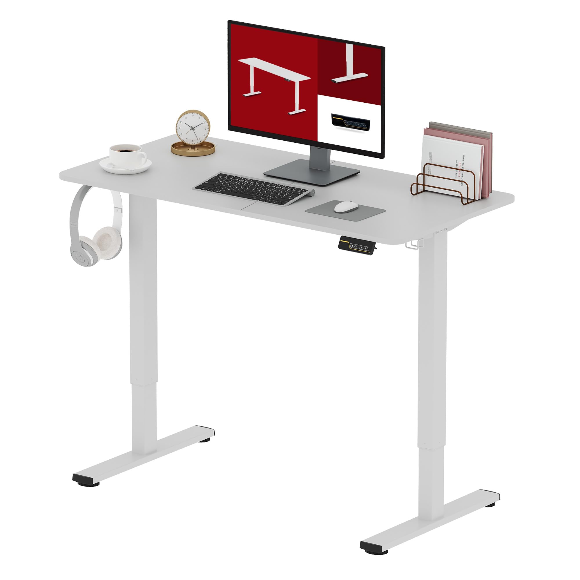 SANODESK 120 x 60 cm Escritorio Elevable Eléctrico con 2 Ganchos, Regulable en Altura, Telescópico Bidireccional, con Control de Memoria y Tecnología Anticolisión (Blanco)
