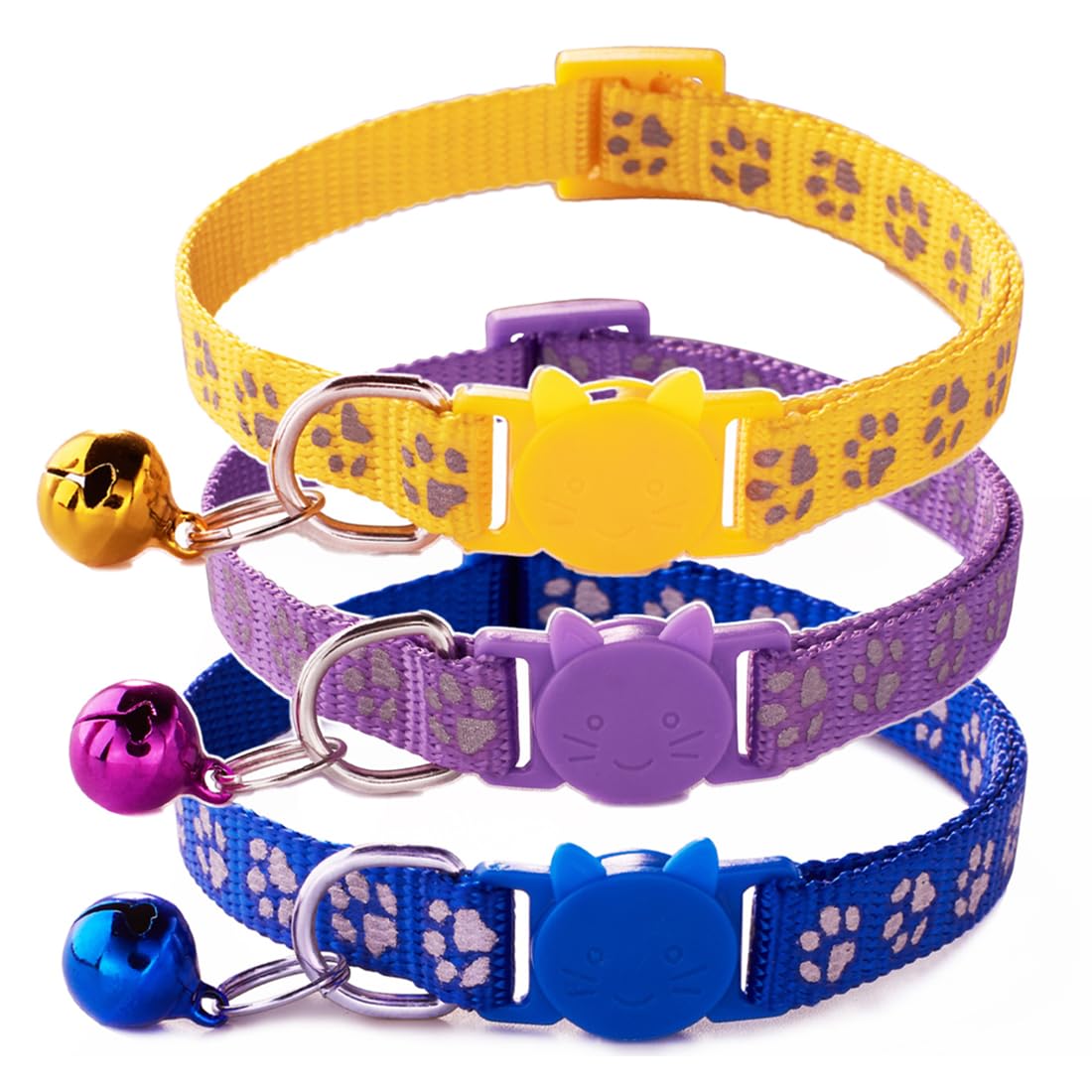 GXGM 3 Pezzi Collare Gatto Antistrozzo con Fibbia di, Sicurezza e Campanello, Regolabile Collare per Gatti, Sicuro Nylon Accessorio per Animali Domestici, Personalizzato (Blu Viola Giallo)