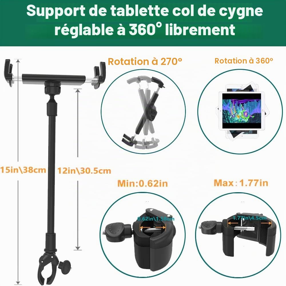 Support Tablette Vél Tapis de Course pour 4-13" iPad Appareil, Universel Porte Tablette avec Col de Cygne pour Spin Elliptique Cyclisme Guidon, pour iPad Pro Air Mini, Samsung Tab, Kindle Fire
