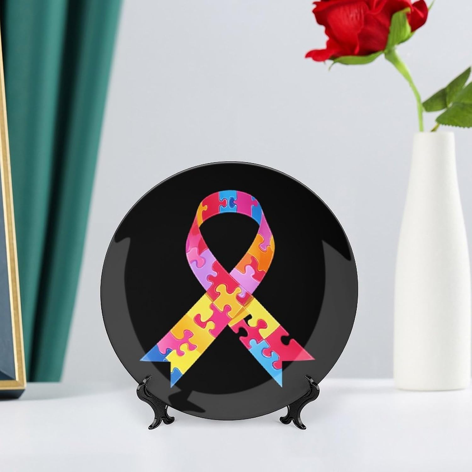 Autism Ribbon Awareness Bone China Decorative Porcelain Plates Dinnerware Ornaments