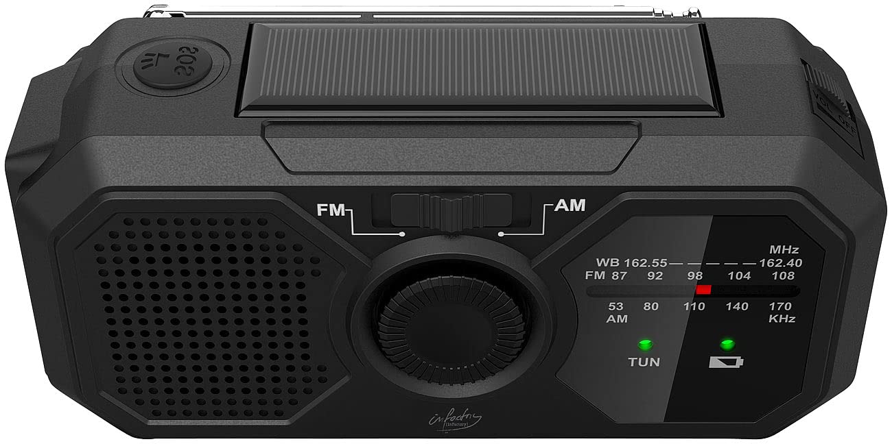 infactory Solar Radio Kurbelradio: Solar- und Dynamo-Kurbel-Radio mit LED-Licht, SOS, Powerbank-Funktion (Kurbelradio mit Solarpanel, Notfallradio Kurbel &, Mini)