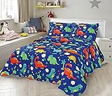 Sapphire Home 2 Piece Twin Size Kids Boys Teens Bedspread Coverlet Quilt Set with Sham, Dinosaur Print Blue Green Boys Kids Bedding Set, Twin Bedspread Dinosaur