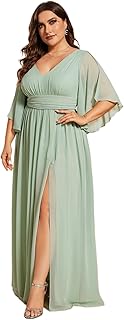 Women's Plus Size V Neck Half Sleeves Slit A Line Floor Length Bridesmaid Dress 01886-DA - Buy now