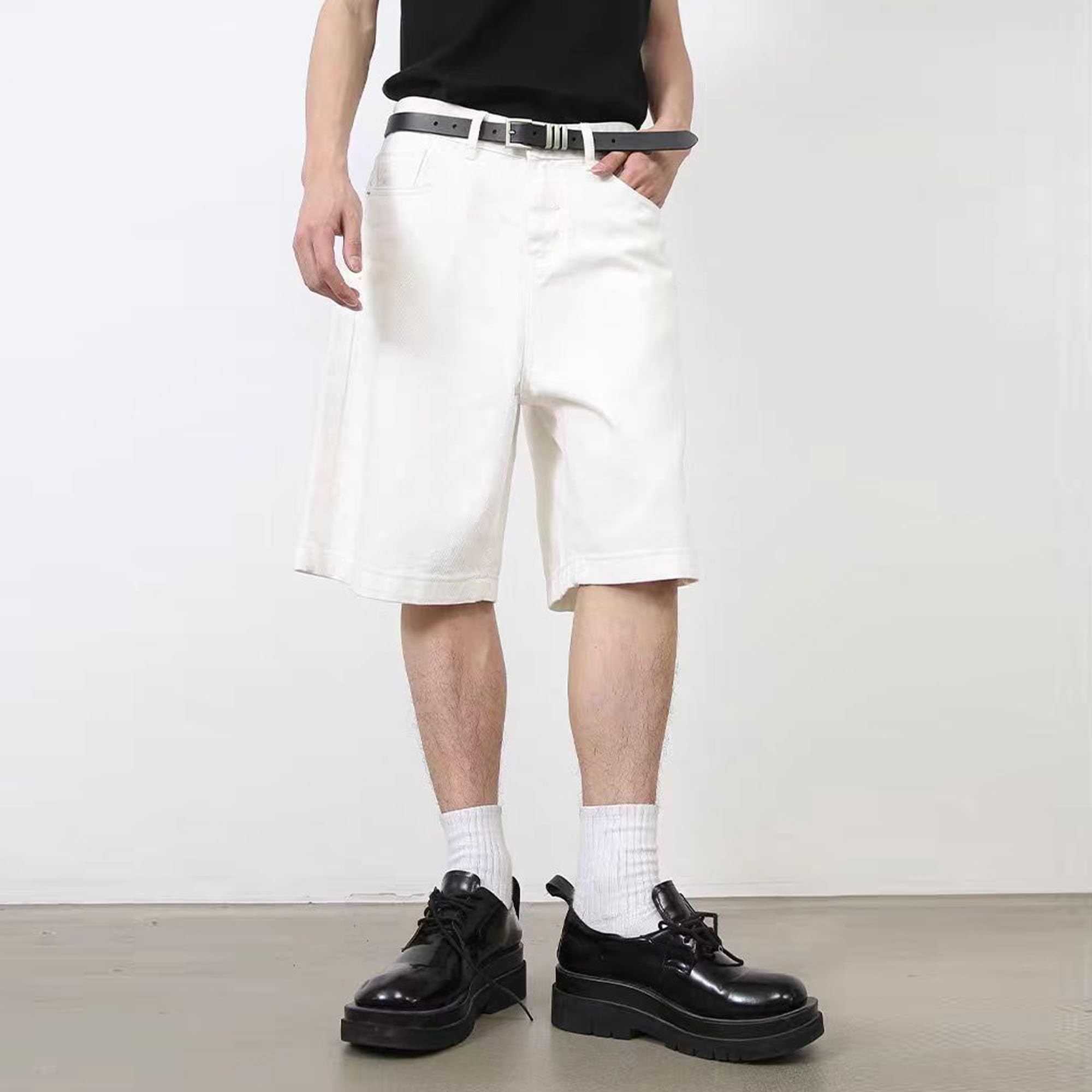 Jorts en jean pour homme - Jambe droite - Confortable - Baggy - Court - Couleur unie - Délavé - Pour homme