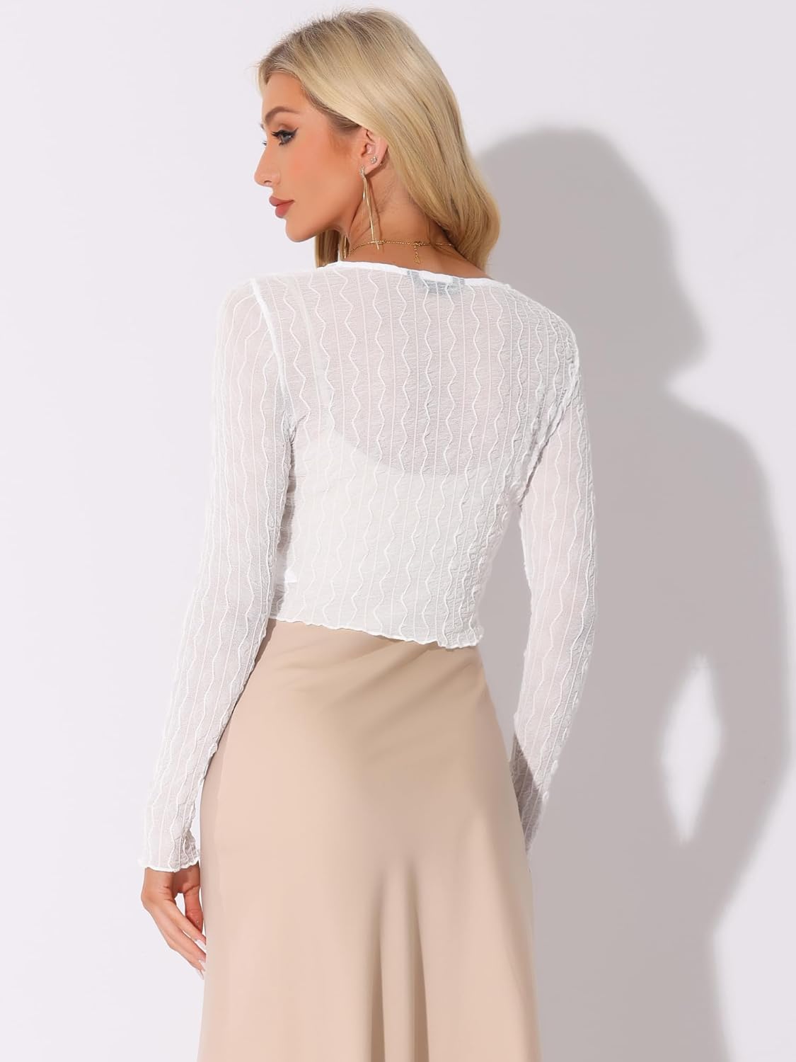 Allegra K Bolero Shrug for Women's Sheer Mesh Tie Front Textured Crop Shrug for Evening Dresses - Image 2