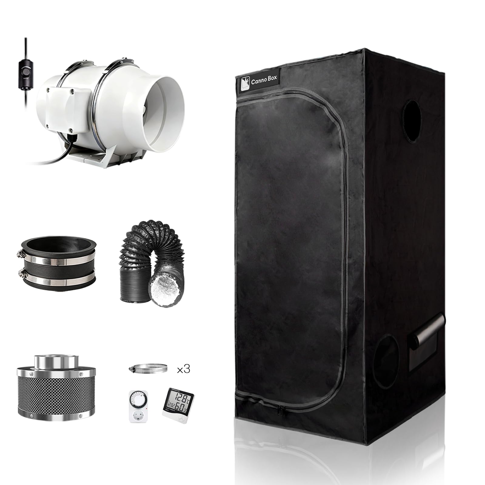 Standard Growzelt Komplettset mit Growzelt 60x60x180 cm und Regelbar Rohrventilator 100mm Set Belüftungssystem Transparente Schicht Indoor Grow Zelt Komplett Set für Hydrokulturen