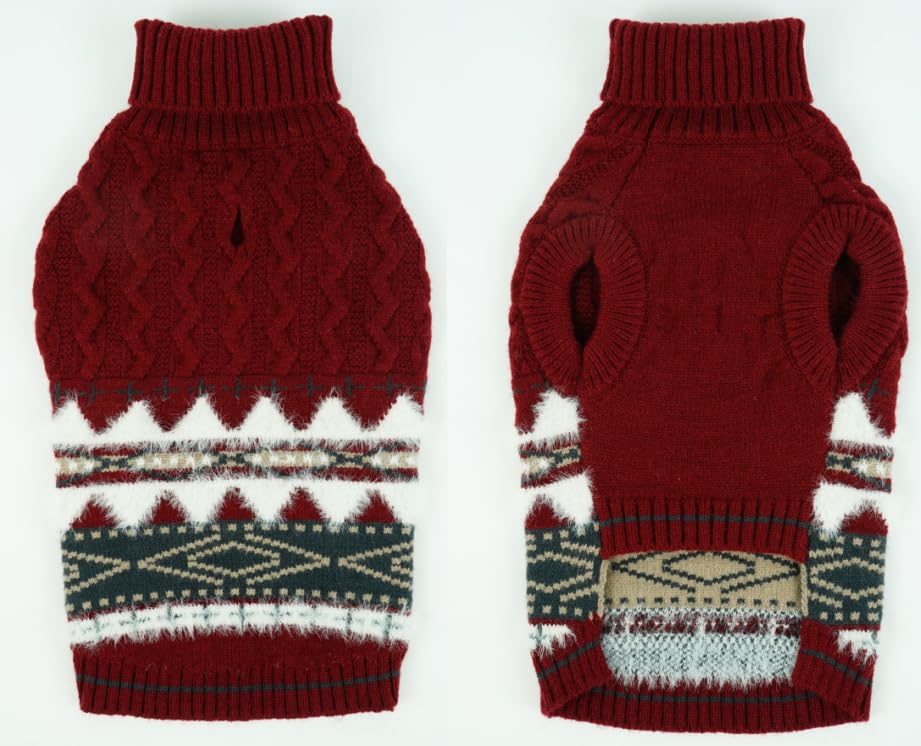 Fair Isle Dog Jumper - Winter Knit Sweater with Harness Hole | Stretchy Easy On/Off Christmas Jumper for Large Dog | Warm Clothes Labrador, Golden Retriever, German Shepherd (Berry Red 3XL)