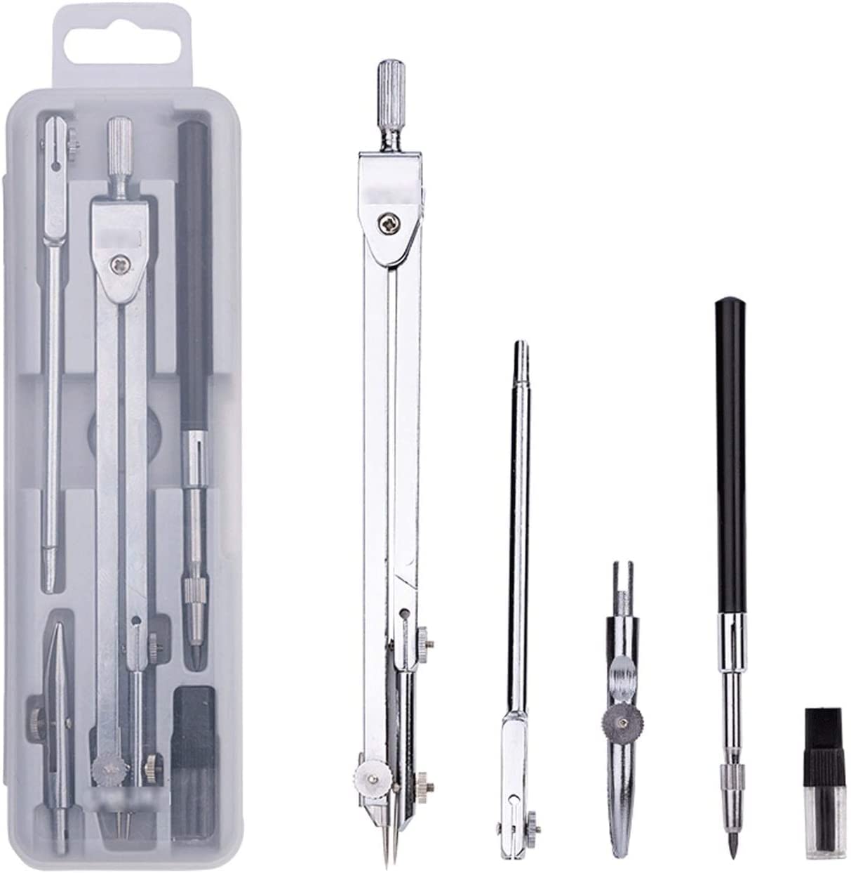 AKAZI Kompass-Set Metall-Kompass-Set Professioneller Zeichen-Design-Kompass, 5-teiliger Edelstahl-Mathe-Kompass, Schreibwaren, Prüfungs-Zeichenwerkzeug für Studenten, Geometrie-Set