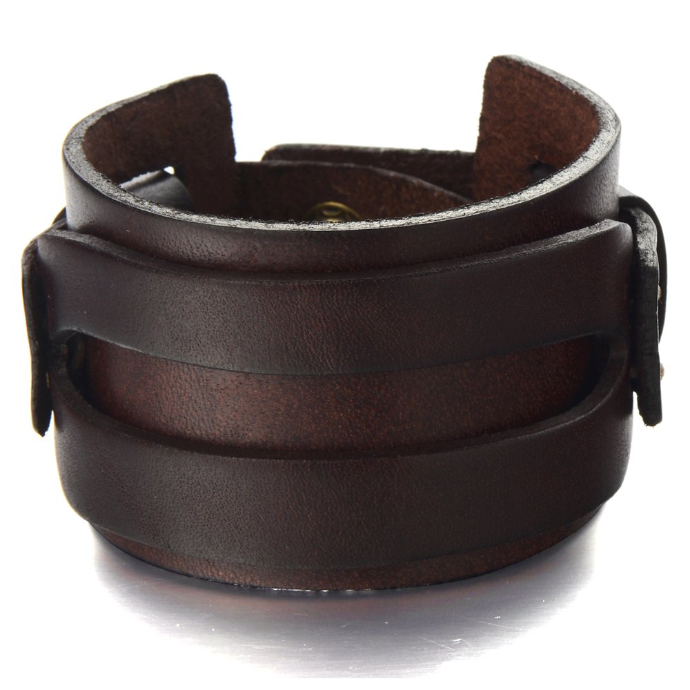 COOLSTEELANDBEYOND Metallic Genuine Leather Wristband Mens Wide Leather Bracelet with Snap Button