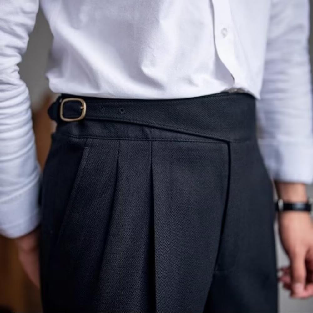 Męskie tweedowe spodnie z wysokim stanem, spodnie w stylu vintage, proste przednie płaskie diagonalne spodnie z wysokim stanem zwężane nogawki, Czarny, 4XL