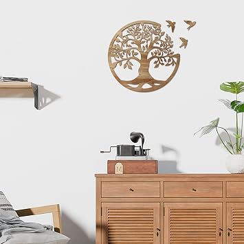Tree of Life Wall Art Wooden Tree Life Wall Decor with Three Birds 12 Inch Round Family Tree Life Wall Hanging Plaque for Bedroom Living Room Kitchen Office Farmhouse Decor Indoor Outdoor (Round Tree of Life - Wood Color)