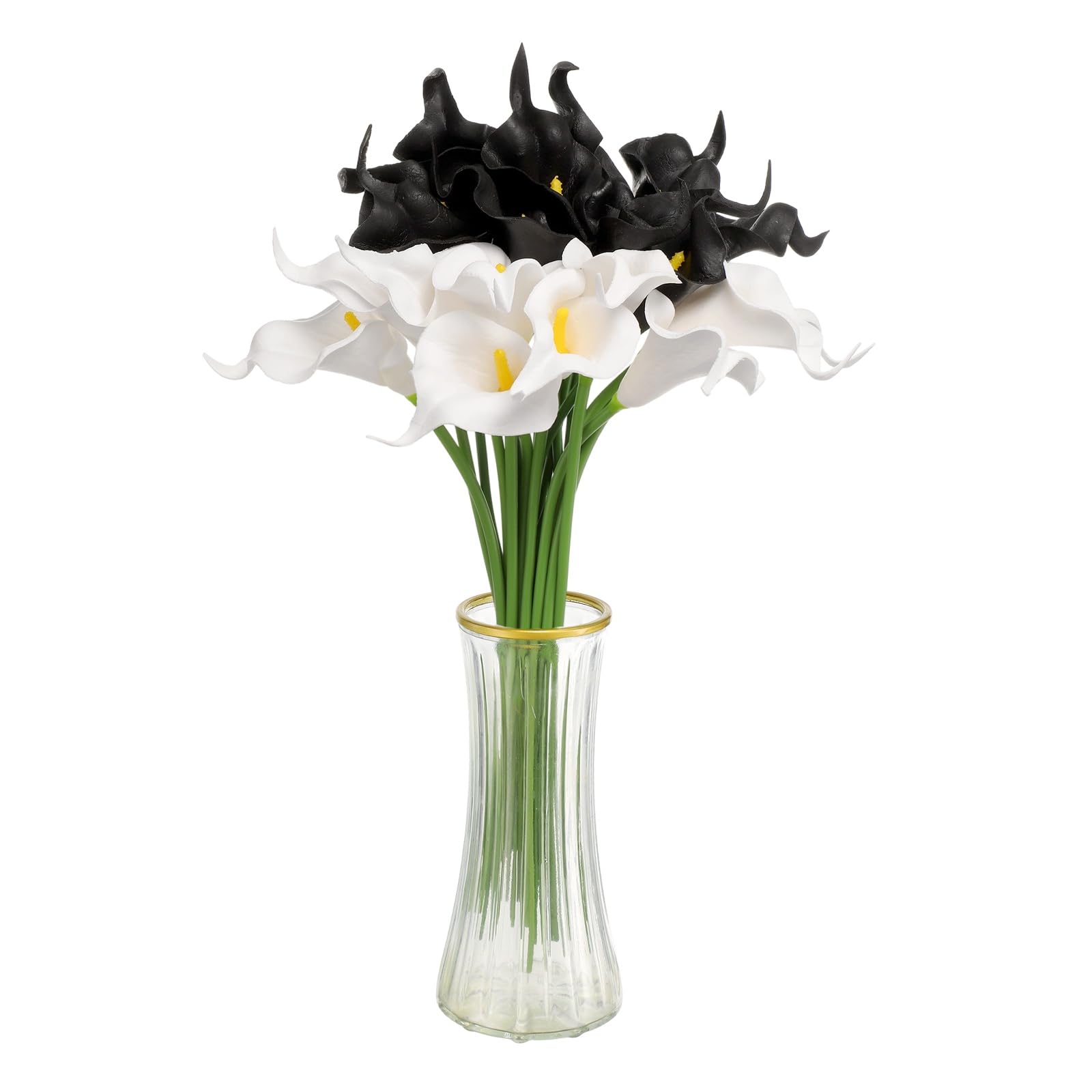 Fleurs de lys calla artificielles en soie au toucher réel noires et blanches, lot de 20