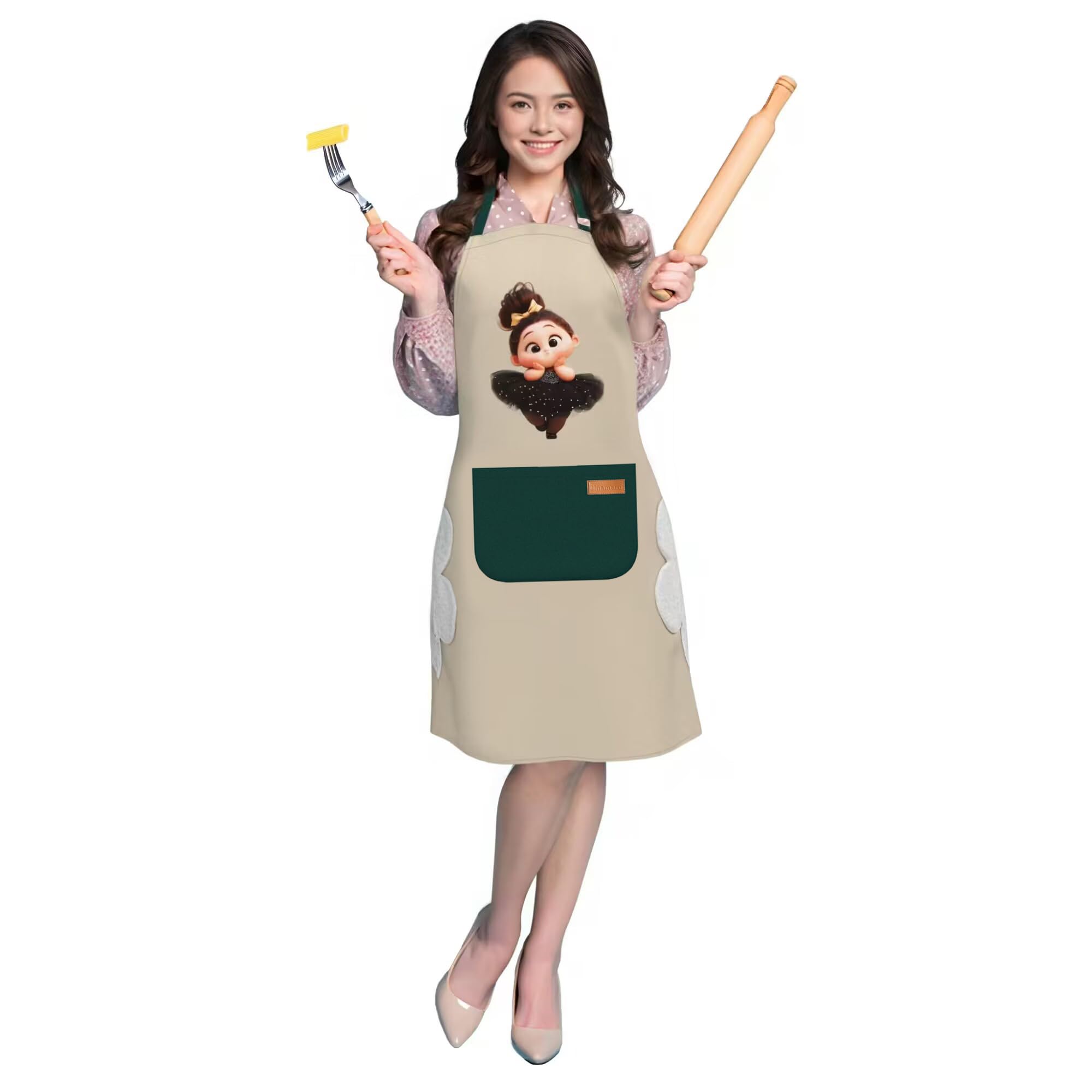 Delantal Cocina Mujer,Dibujos Animados Delantal de Cocina Personalizado,Tejido Grueso, más Largo y Ancho, con Hebilla Metálica Ajustable, Lateral con Toalla de Mano,Señora alta (Caqui)