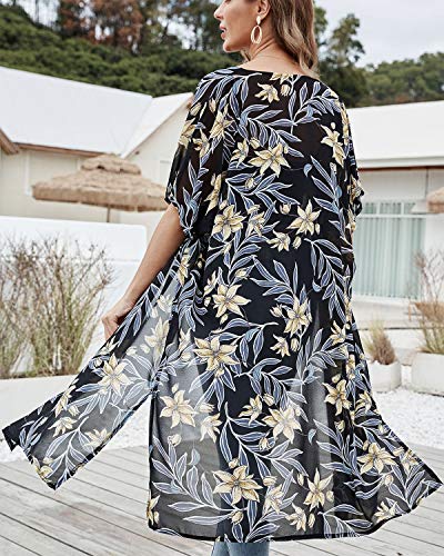 LAMISSCHE Womens Floral Swim Cover Up Casual Loose Beach Kimono Cardigan Tie Dye Tassel Bikini Chiffon Cover Up(Flower-Golden) - Thumbnail 3
