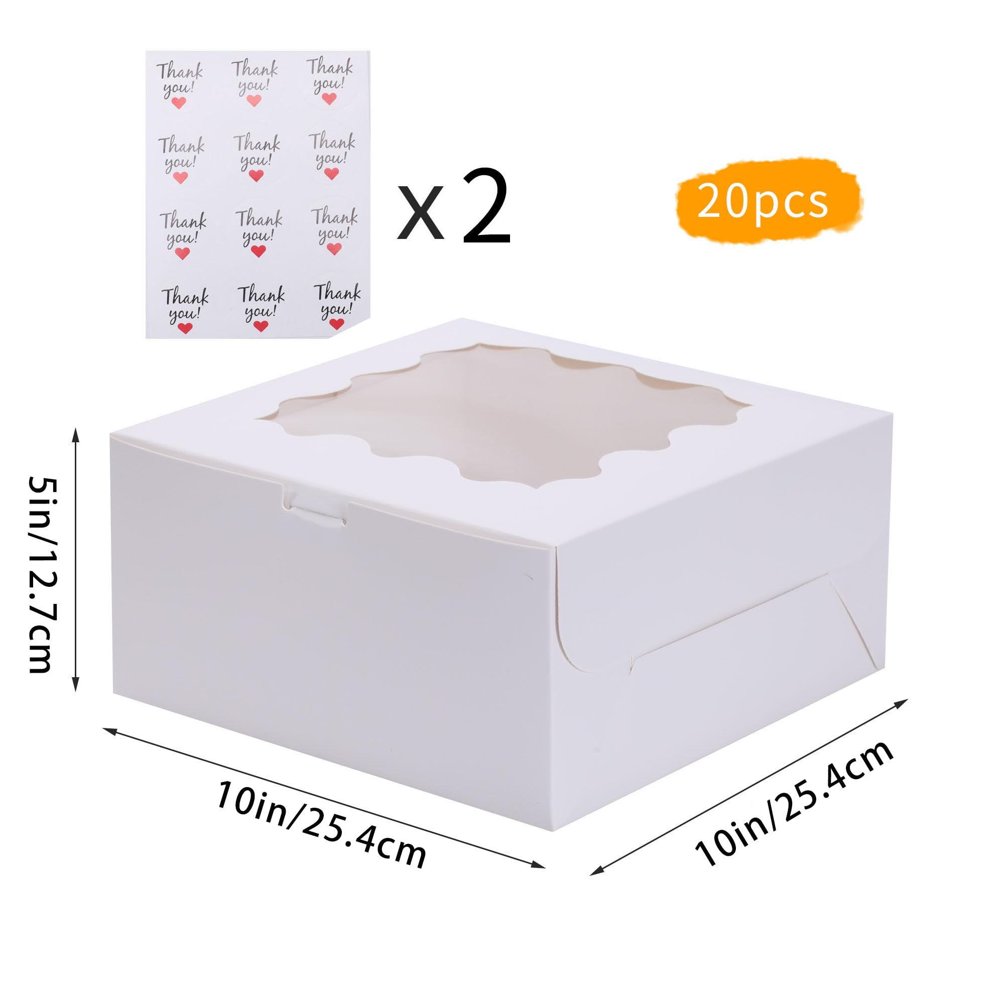20 cajas blancas para tartas de 10 x 10 x 5 pulgadas con ventana, cajas de panadería para pasteles, pasteles, pasteles, chocolates, cupcakes, fiesta de cumpleaños, galletas, boda, día de San