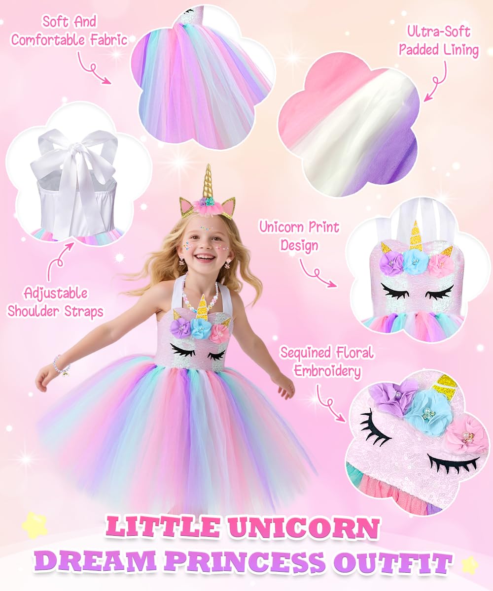 TOLOYE Disfraz Princesa,Vestido Tul Unicornio Infantil | Venda y Collar Set,Disfraz Unicornio Niña para Cumpleaños Fiesta Halloween Navidad Carnaval Cosplay