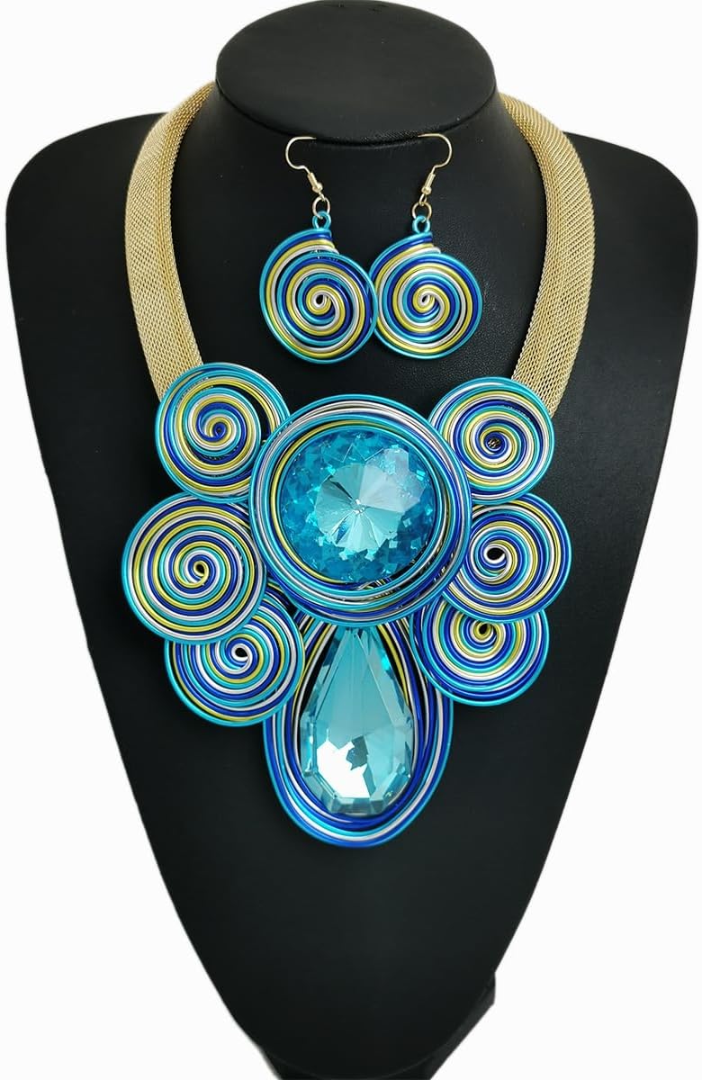 African Jewelry Sets Statement Big Crystal Pendent Necklace Earrings Set For Women Handmade Bib Collar Costume Tribal Fashion Accessories - Image 3