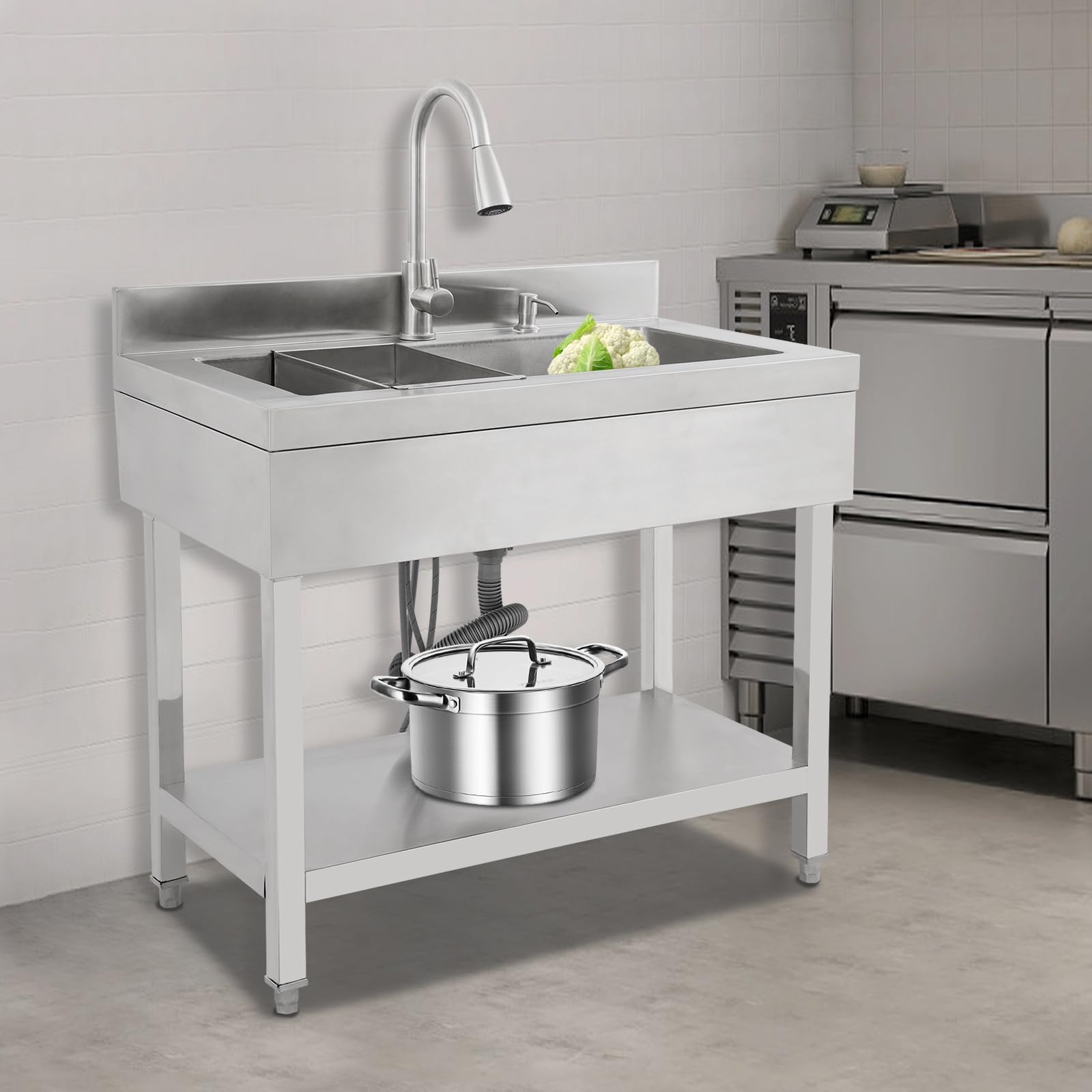 Lavello in acciaio INOX, lavandino da cucina a libera installazione, lavandino per bucato, 90x60x90 cm, lavandino singolo extra grande, lavandini commerciali con rubinetto estraibile e cestello