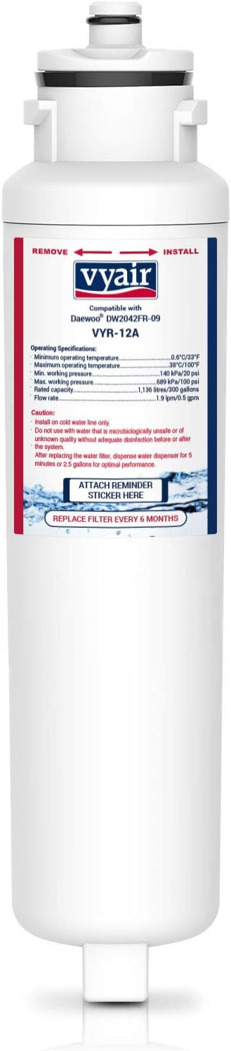 Vyair VYR-12A Fridge Freezer Water Filter Cartridge Compatible with Daewoo Aqua Crystal DW2042FR-09 DW2042F-09, FRNY225D2V FRNY22D2V, JLAFFS2011, Baumatic Titan 4, SR610X, WHE7670SA, 3019986700 (1)
