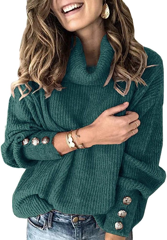 Wenrine Pull à col roulé pour femme - Manches longues - Décontracté - Chaud - Tricoté avec boutons en métal