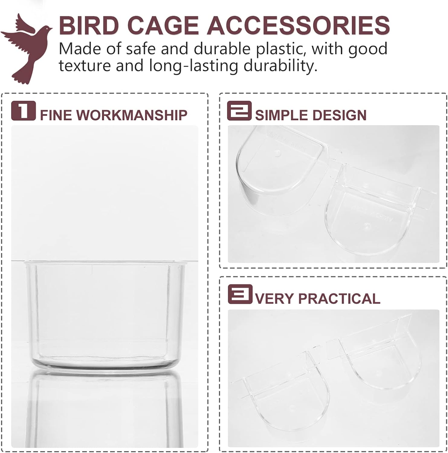 Ipetboom Bird Cage Feeding Containers: 6 pcs Clear Bird Food Trough and Water Feeder Cups - Thick Semicircle Food Box Accessories for Birds Pigeon Chicken, Transparent, 4X3.2X2in image 3
